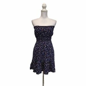 Strapless Blue Floral Dress Sz Medium Bohemian Vacation Coastal Beachy Summer